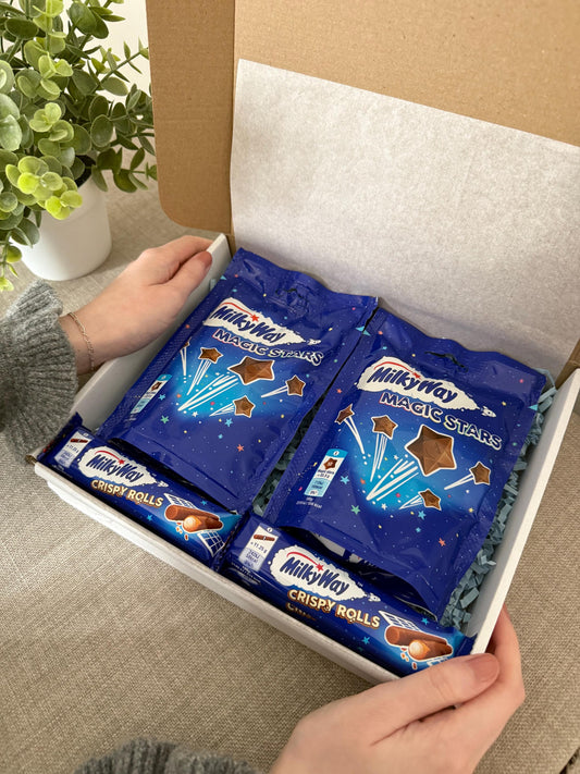 Milky Way Chocolate Gift Box UK | Crispy Rolls and Magic Stars Postal Chocolate Gift with Personalised Card | Birthday Thank You Gift