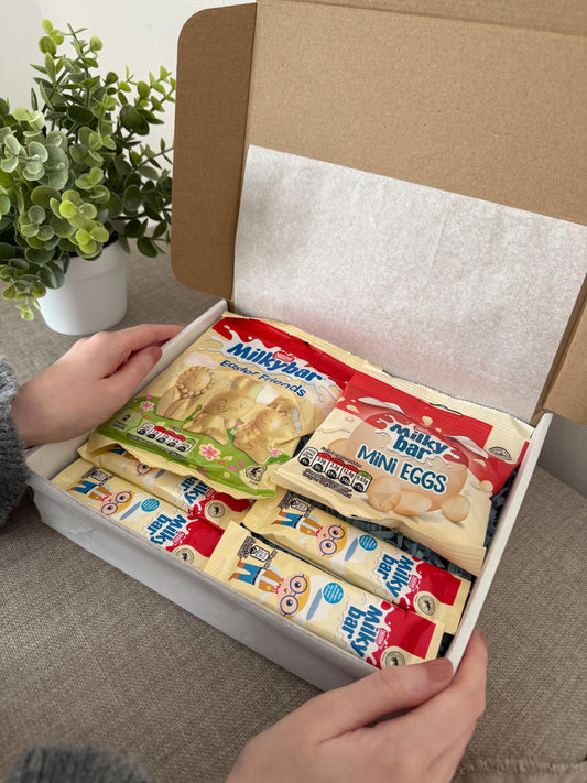 Milkybar Easter Gift Box with Personalised Card | White Chocolate Mini Eggs, Easter Friends & Bars | Small Parcel Easter Chocolate Gift